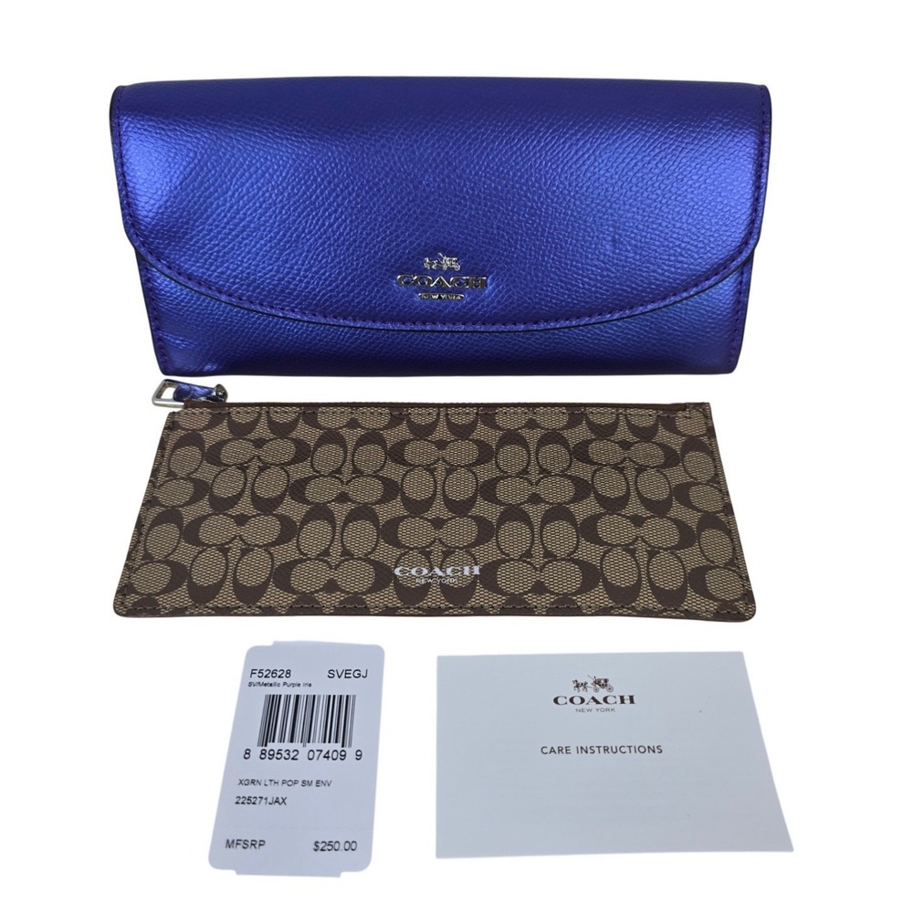 Coach F52628 Metallic Purple Iris Crossgrain Leather Slim Envelope Wallet OS